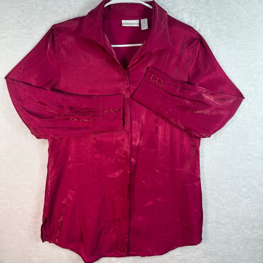 Chico's Button Up Shirt Women Large Red Shimmer Long Sleeve Rayon Blend Blouse